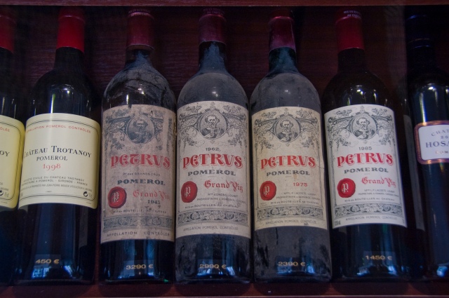 French Bordeaux wine from Château Pétrus, from as early as 1945 and selling for as much as 3290€ (Wikipedia)