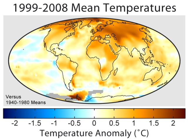 Mean global temperature change from 1999-2008 in degrees Celsius.